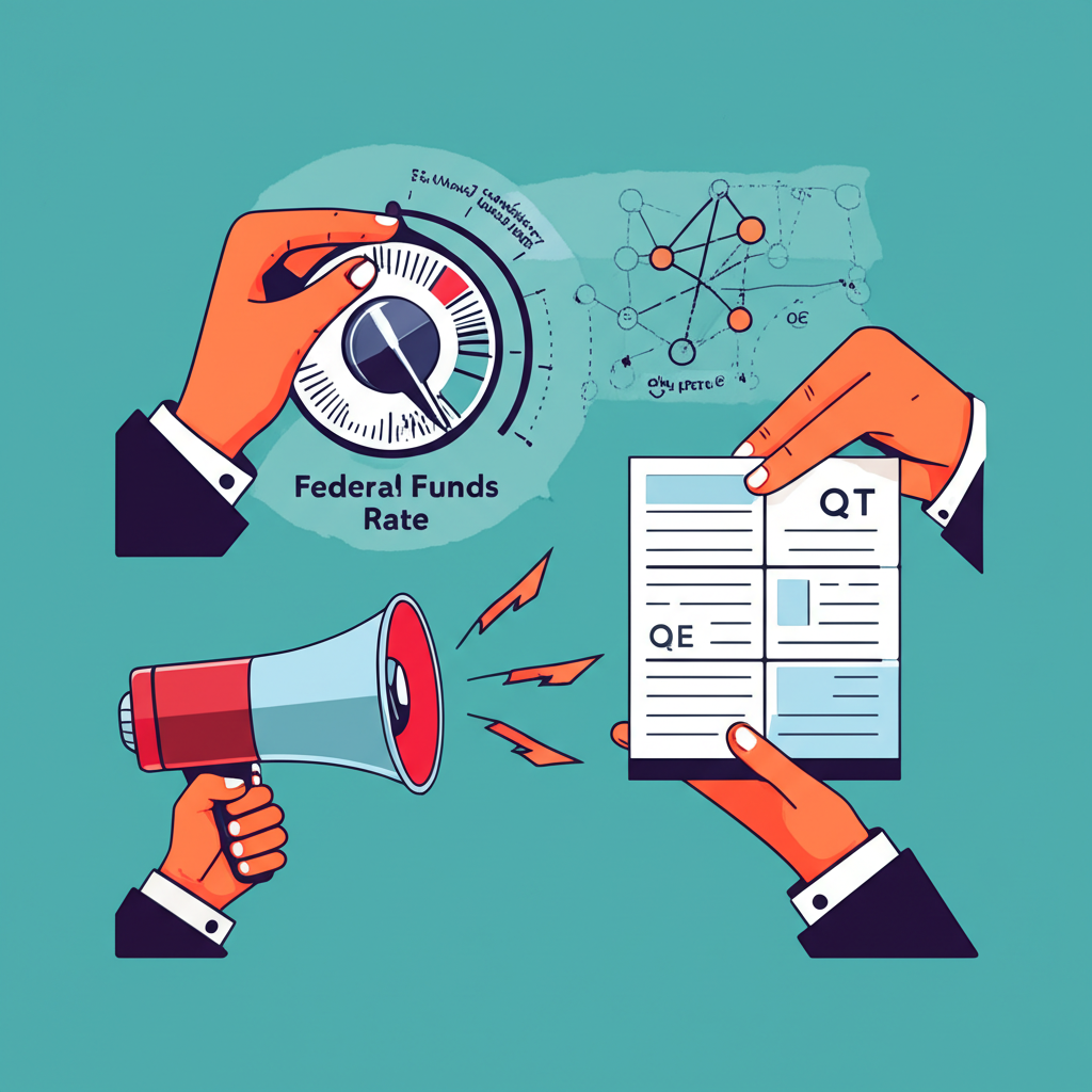 Illustration showing the FOMC using key policy tools: adjusting the federal funds rate, managing the balance sheet through QE/QT, and communicating via forward guidance
