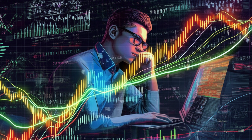 Illustration of a trader looking at a complex market chart with glowing lines, representing predictive power and early signals