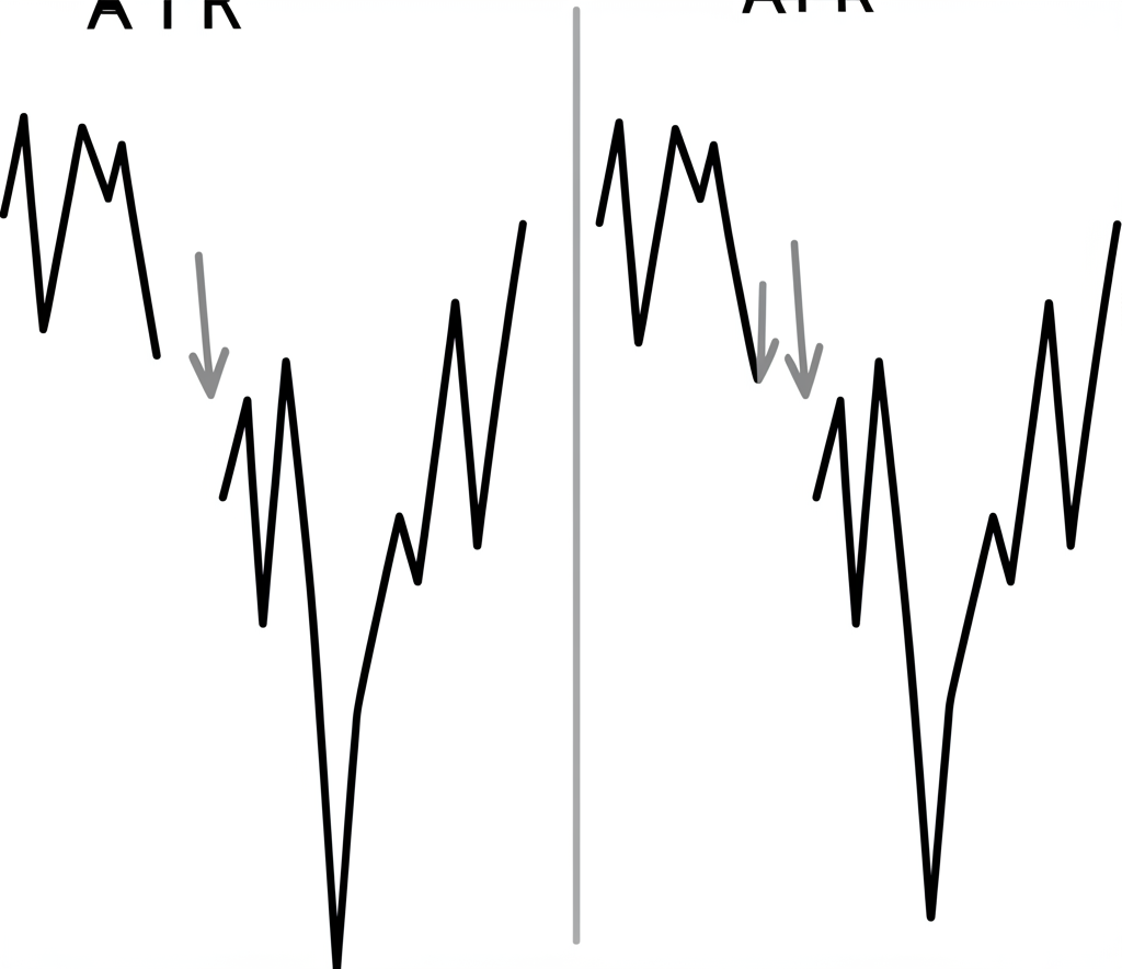Illustration depicting a dual scene: one side with a chaotic, wide-ranging price chart (high ATR), and the other with a calm, tight-ranging chart (low ATR), emphasizing non-directional volatility, clean style.