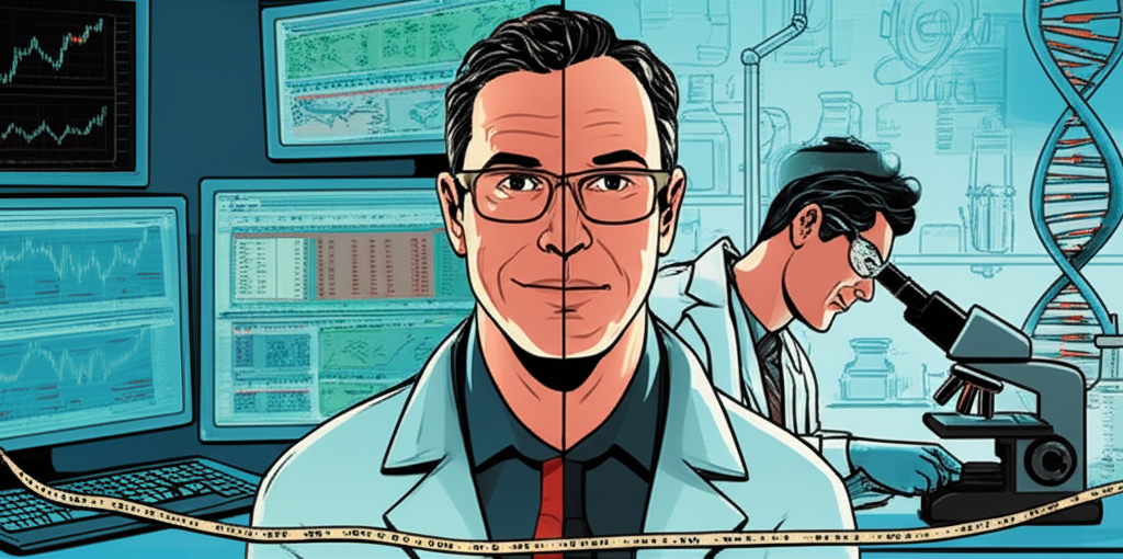 Illustration of Joe Kunkle split between finance and science, symbolizing his dual expertise in trading and genetics