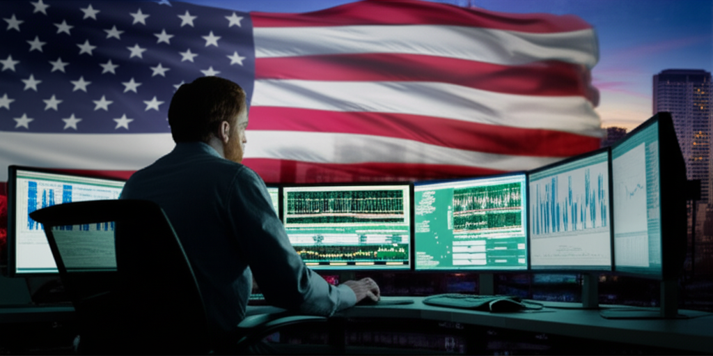 Trader analyzing charts with US flag and city skyline in the background