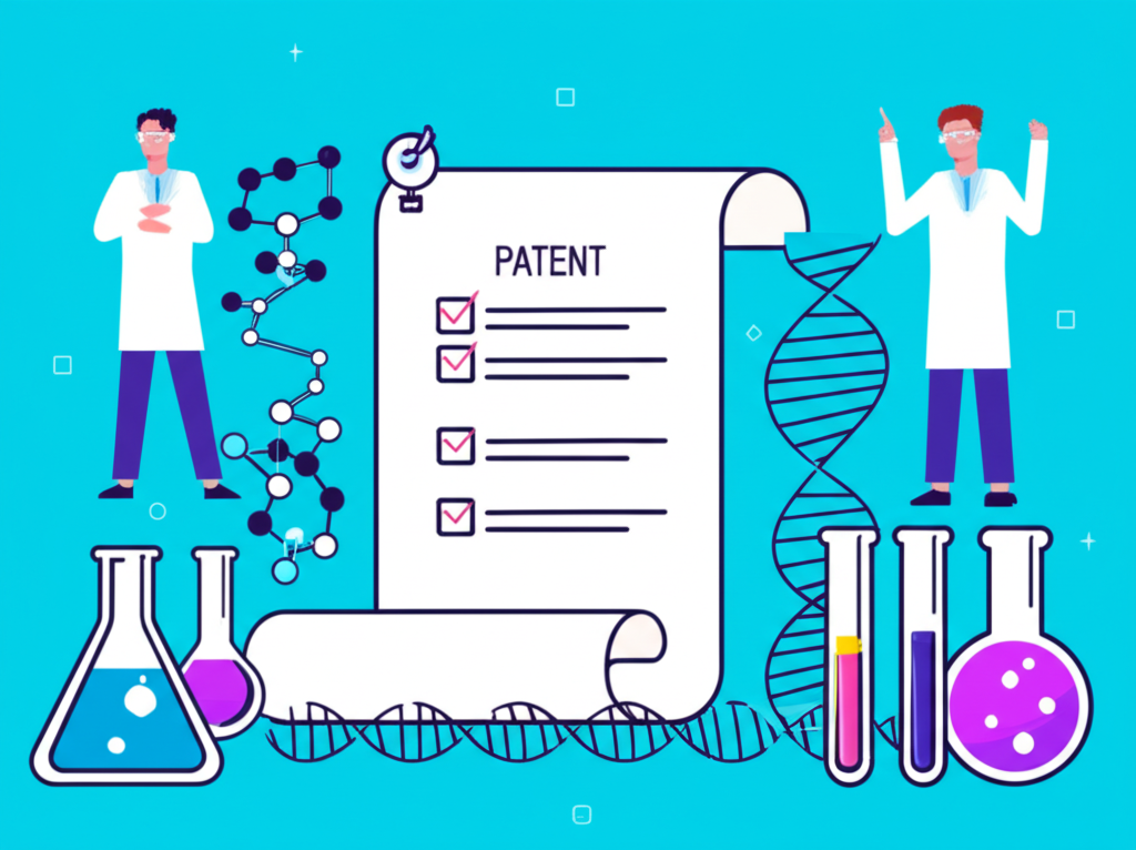 Illustration of a scientist in a lab surrounded by molecular structures and flasks, representing drug discovery and biotech innovation with subtle elements of patents and regulatory checklists