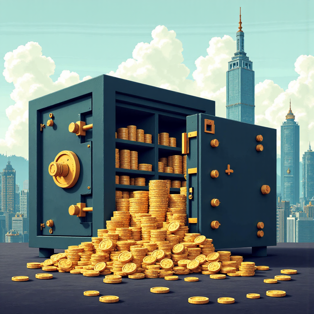 Secure digital vault with golden coins and charts representing profitable forex arbitrage in Taiwan