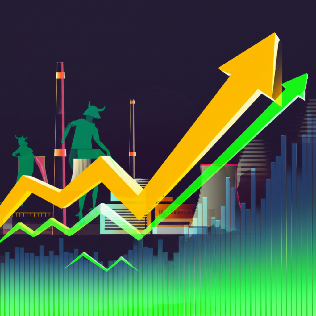 Illustration of a vibrant uranium bull market with nuclear power plants in the background, symbolizing global energy transformation and investor interest. Style: modern illustration.