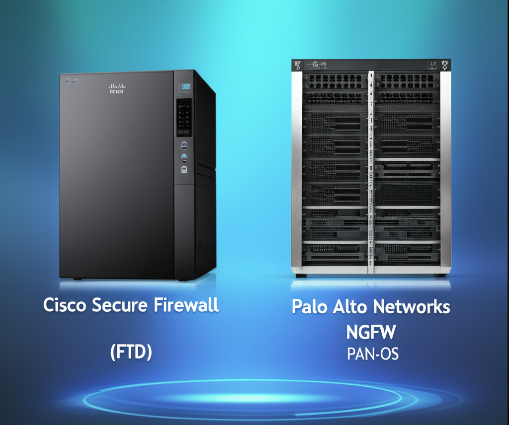 Visual comparison of Cisco Secure Firewall and Palo Alto Networks NGFW standing on a digital stage, ready for evaluation