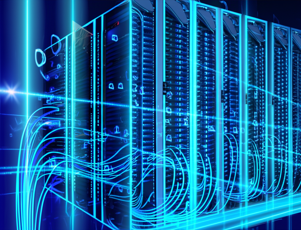 Digital backbone of the metaverse with servers, data streams, AI processing, and cybersecurity infrastructure