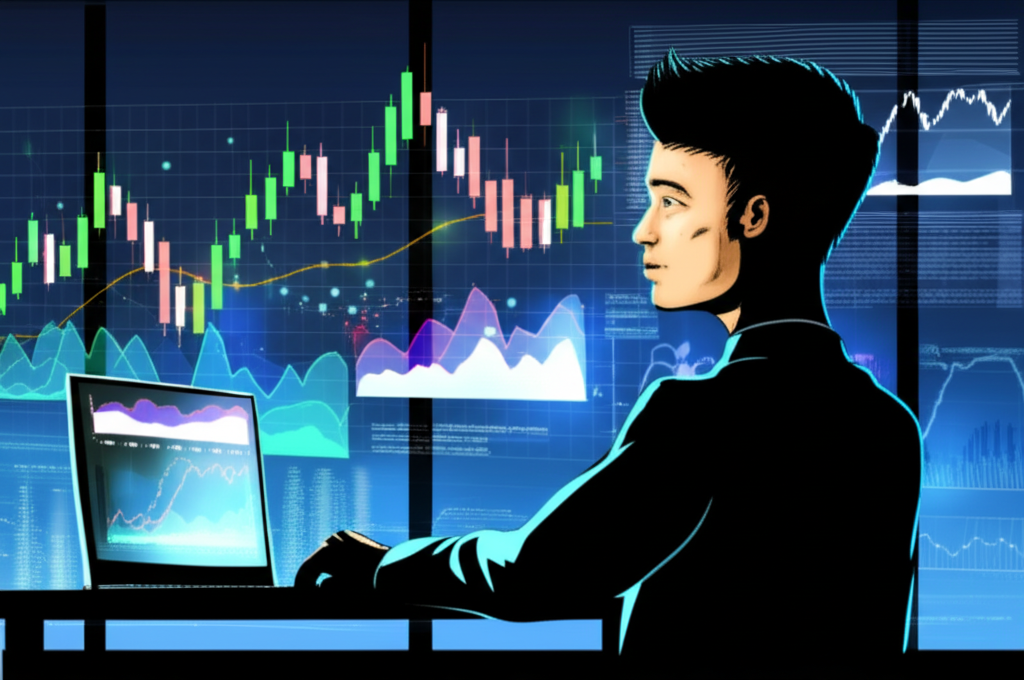 A trader analyzing financial charts with glowing TradingView indicators, symbolizing data-driven decision-making and market insight