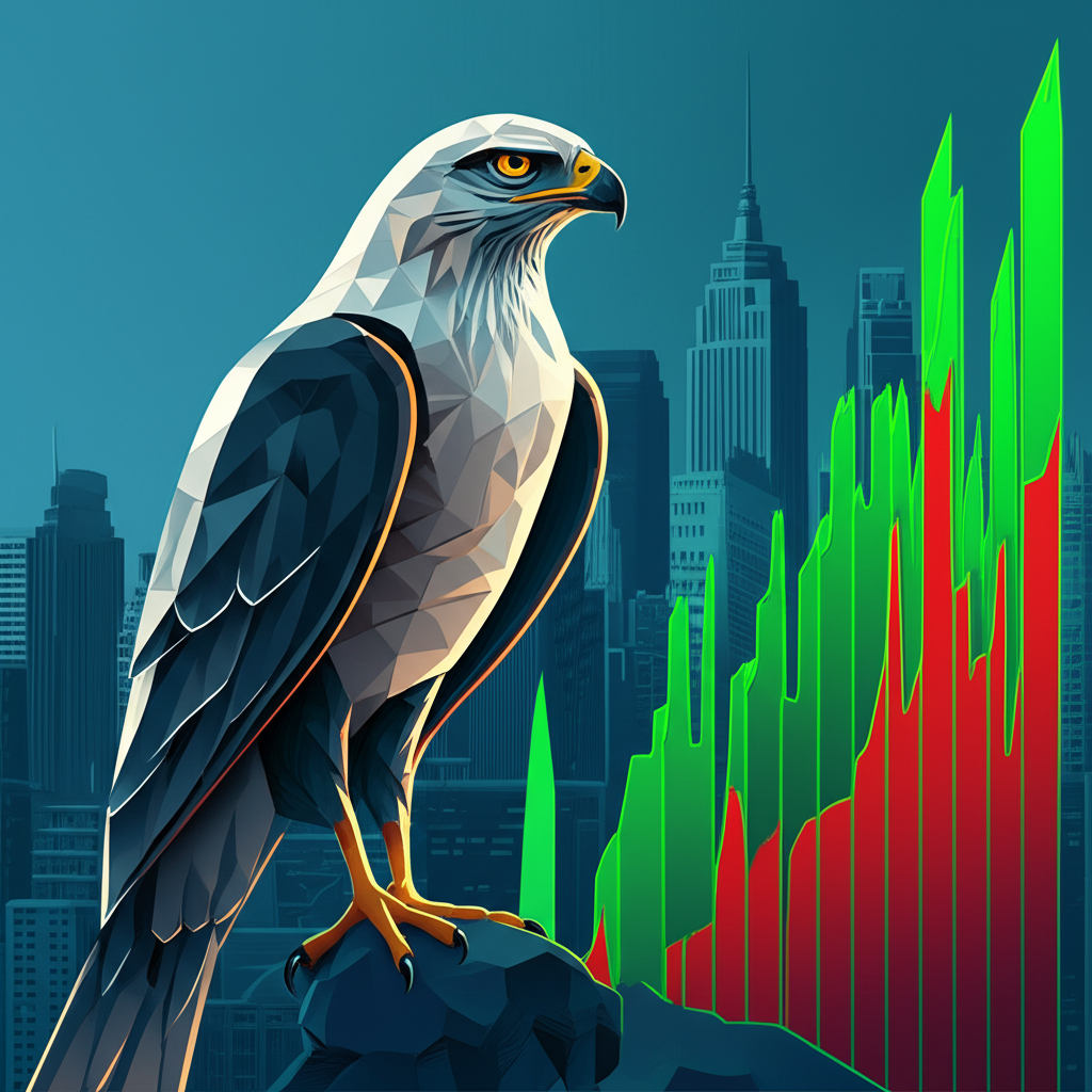 Stylized hawk perched on a candlestick chart overlooking a city skyline, representing OptionsHawk’s market surveillance approach