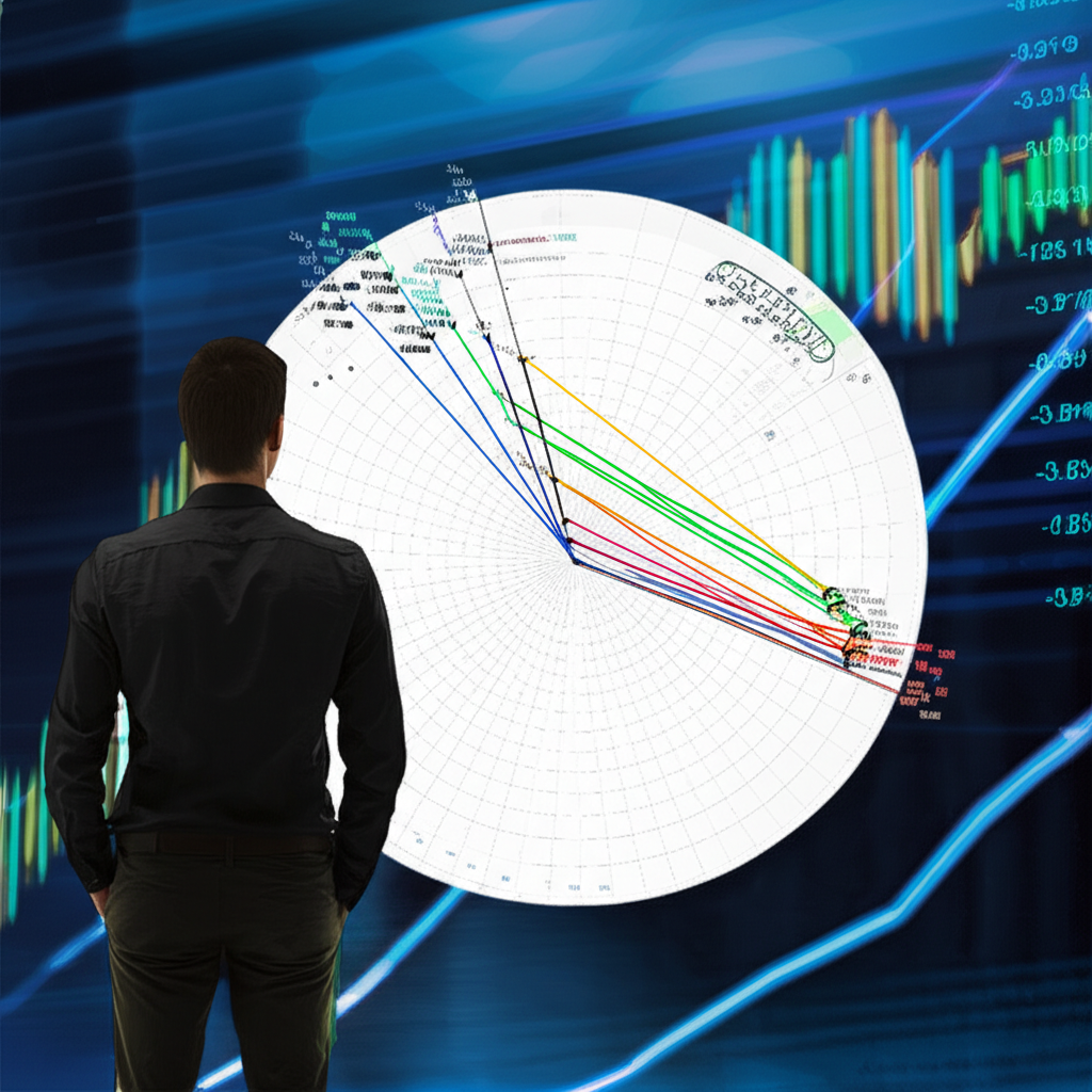 Illustration of a trader looking at a dynamic, colorful Relative Rotation Graph (RRG) chart with lines representing various assets rotating, overlaid on a background of abstract financial market data and rising/falling bar charts, symbolizing informed investment decisions.