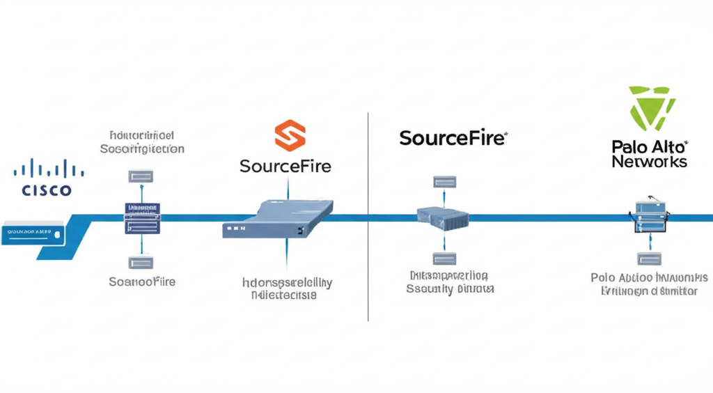 Timeline illustration showing Cisco's expansion into security through acquisitions like Sourcefire and Palo Alto's rise as an NGFW innovator, with points of interoperability