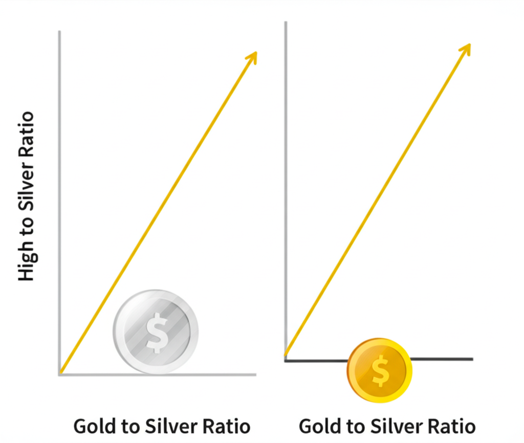 Two stylized graphs showing high and low gold to silver ratios with undervalued silver and gold coins, guiding investment choices