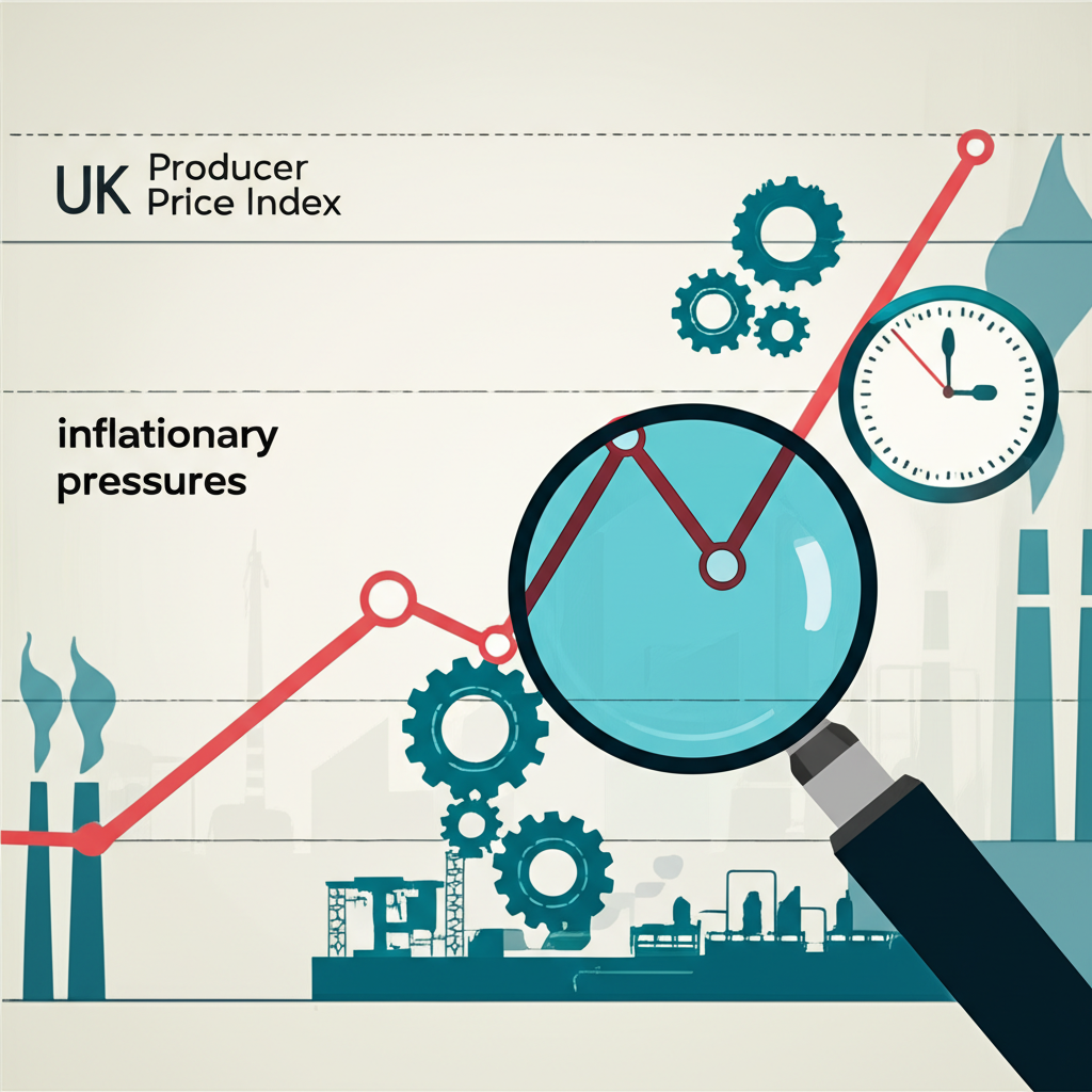 Illustration of UK Producer Price Index as a key economic indicator, showing price trends, factory gears, and inflationary pressures