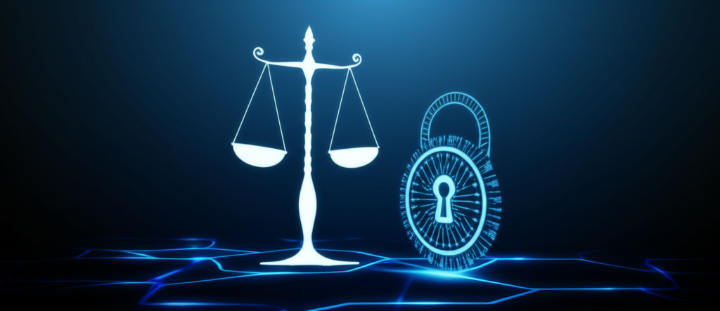 Digital currency exchange with scales of justice and secure padlock symbolizing regulated trading
