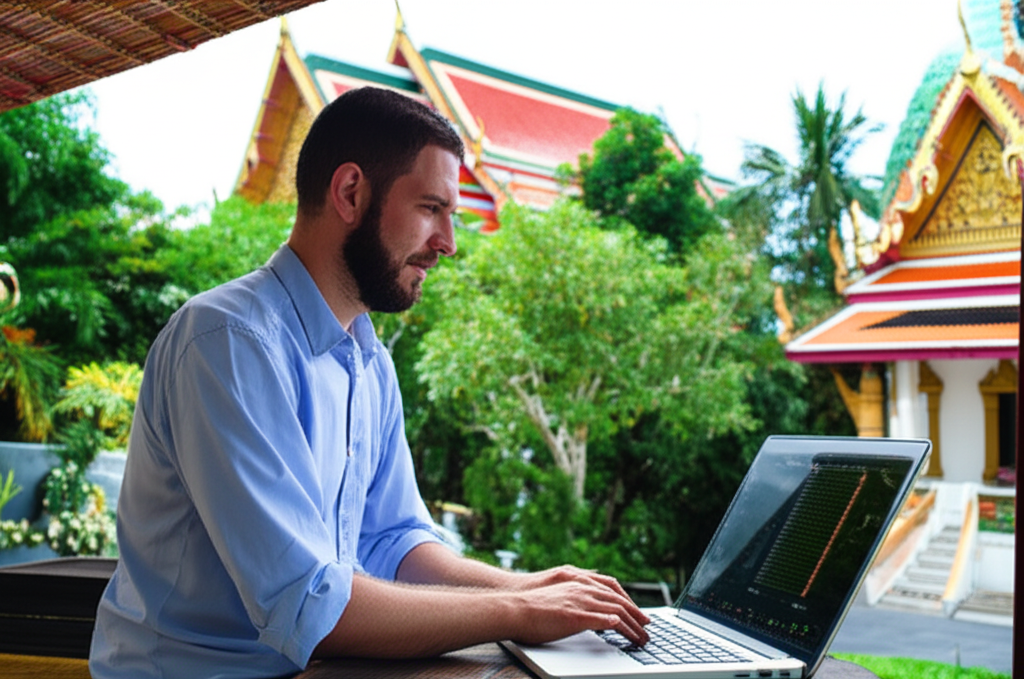 US expat analyzing forex charts in a modern Bangkok cafe with city skyline view