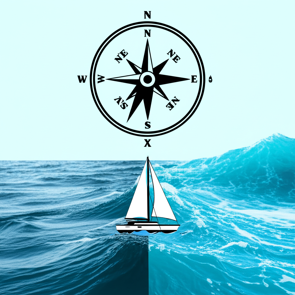 Illustration of financial markets with calm and turbulent waters, a VIX-labeled compass guiding a boat through uncertainty