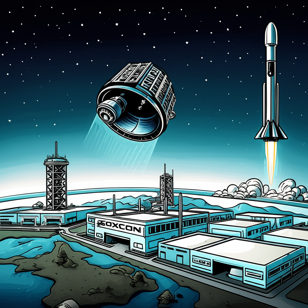 Illustration of Foxconn's transition from iPhone manufacturing to satellite operations with a SpaceX Falcon 9 launch in the background