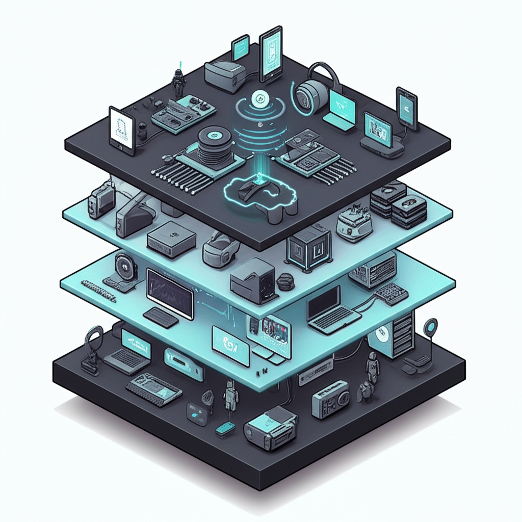 Illustration of the layered metaverse ecosystem showing infrastructure, hardware, platforms, content, and decentralized technologies