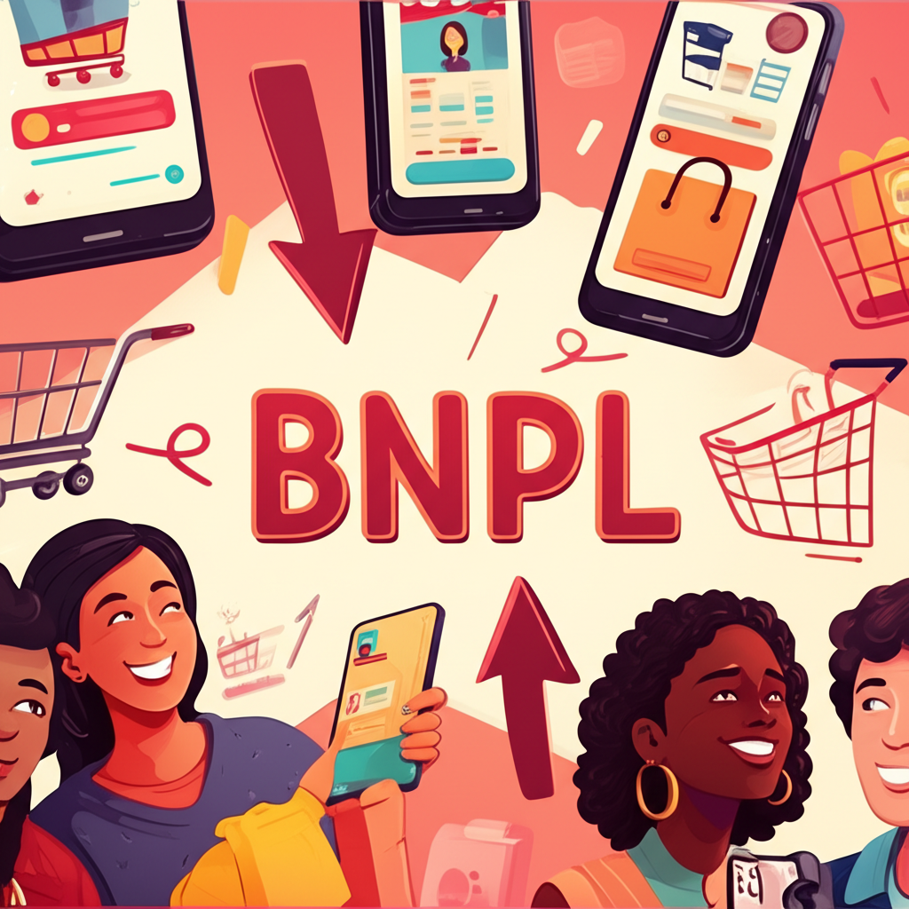 E-commerce landscape with mobile devices and shopping carts, highlighting BNPL as a fast-growing payment trend among younger consumers