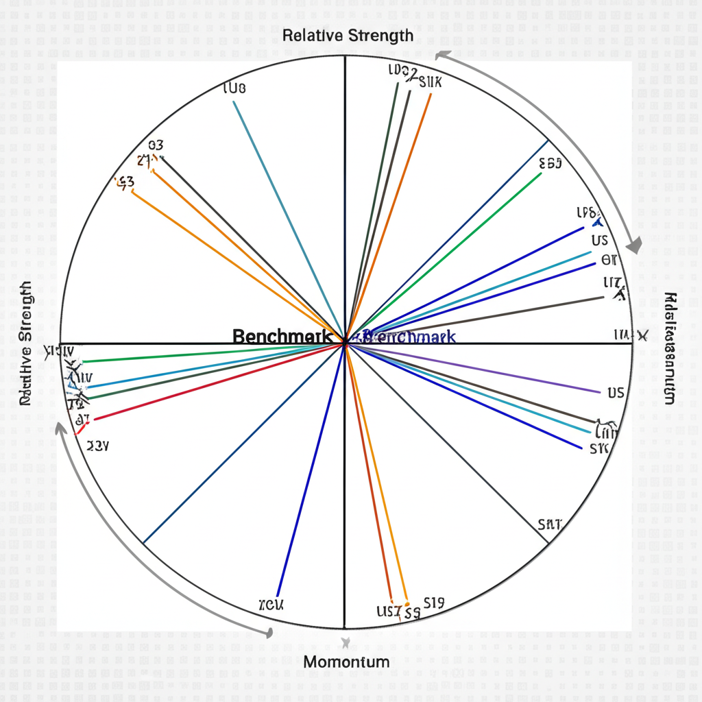 Illustration of a stylized RRG chart showing a central benchmark, with two axes labeled 'Relative Strength' and 'Momentum'. Various asset lines are plotted, indicating their relative performance and movement, with a subtle background of financial data points.