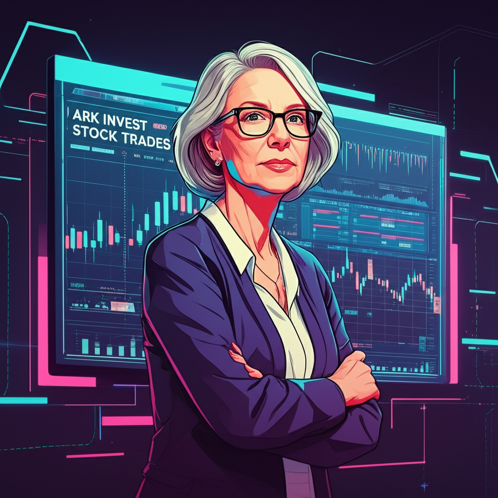 Illustration of Cathie Wood observing ARK Invest stock trades on a digital screen, symbolizing disruptive innovation and market foresight