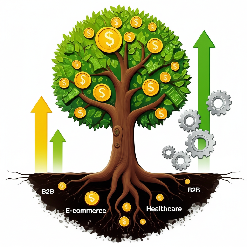 Financial tree growing into multiple sectors like e-commerce, B2B, healthcare, symbolizing the expanding reach of BNPL and data-driven innovation