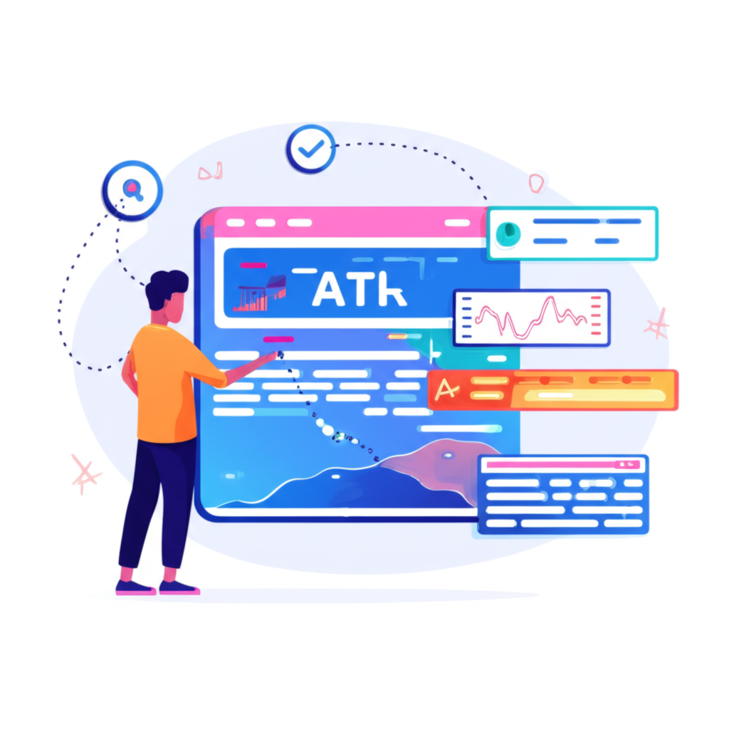 Illustration of a trader viewing a financial chart with an ATR indicator, symbolizing market volatility. Concepts of risk management and position sizing are present. Modern, clean illustration style.