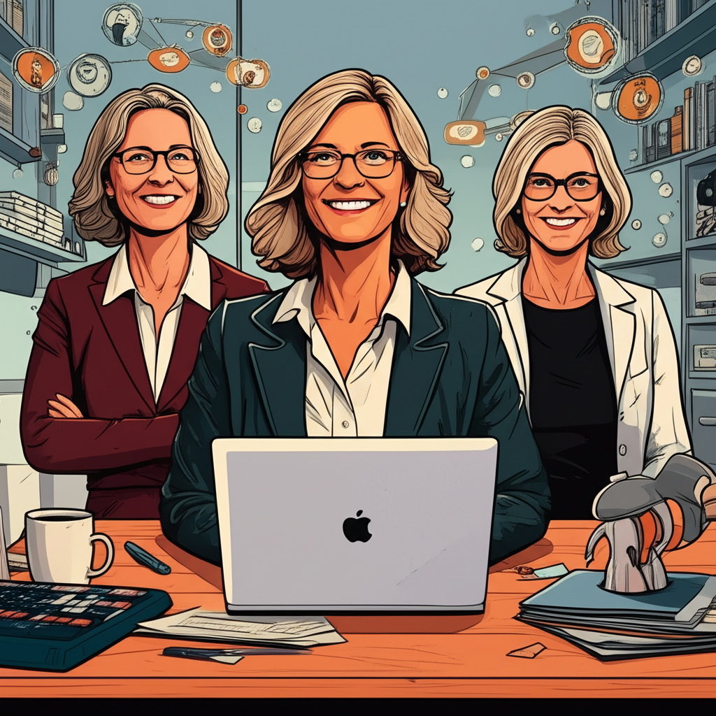 Modern female financial leaders: Cathie Wood with tech, Sallie Krawcheck empowering women, Mary Callahan Erdoes managing wealth in a sleek office