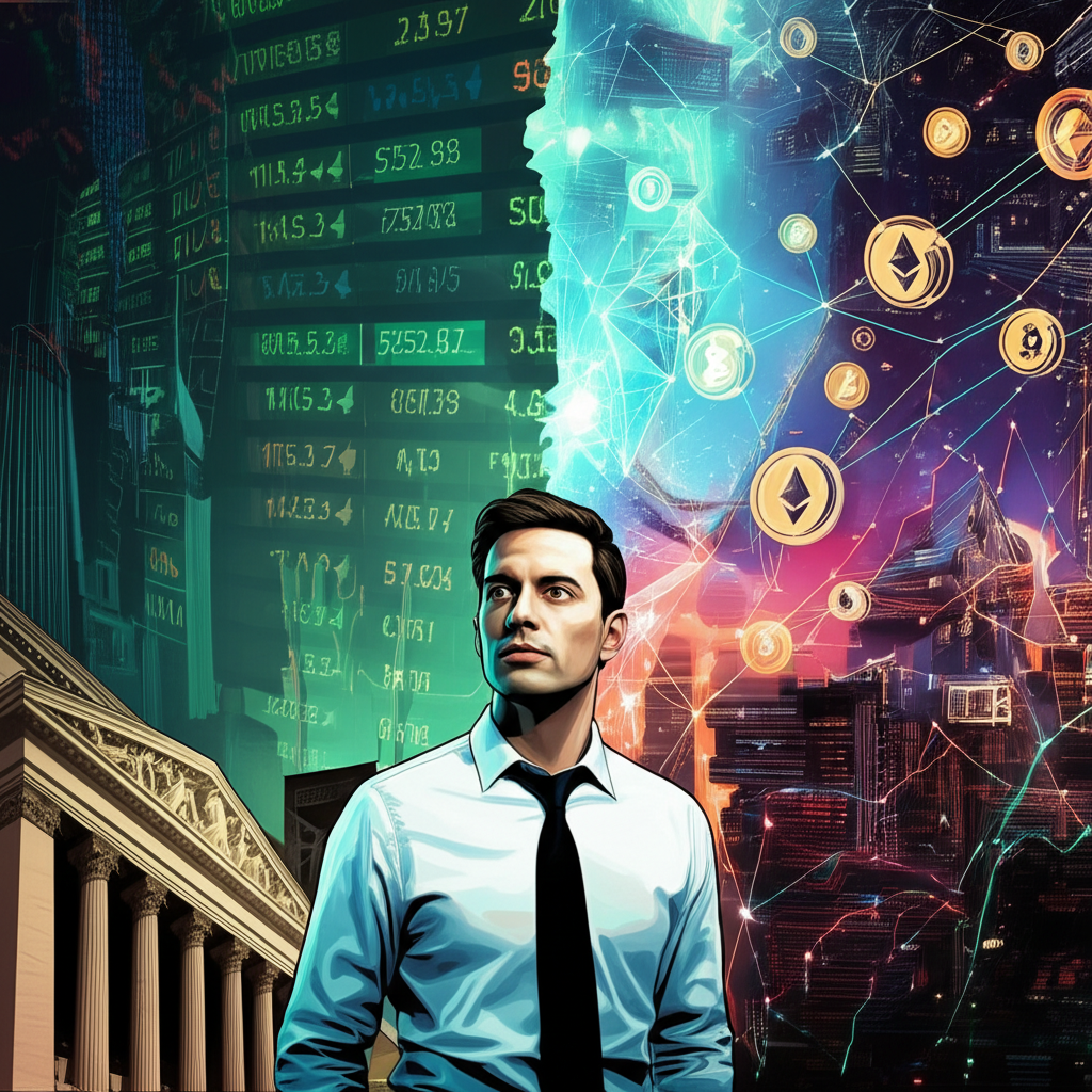 Illustration depicting Larry Cermak transitioning from traditional finance symbols (graphs, stock tickers) to a vibrant, futuristic crypto landscape with blockchain networks and digital assets, highlighting his strategic pivot and rise in cryptocurrency research.