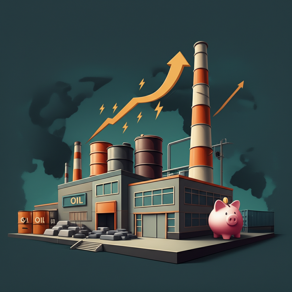 Illustration of Input PPI showing raw materials entering a factory, with rising cost arrows and global commodity influences