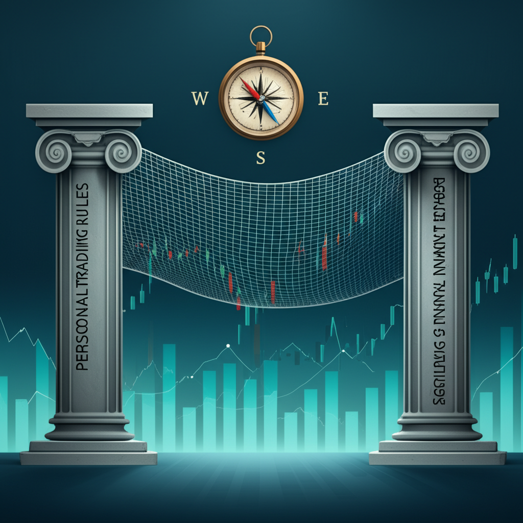 Two interconnected pillars labeled 'Personal Trading Rules' and 'Regulatory Trading Rules' supporting a stable market environment