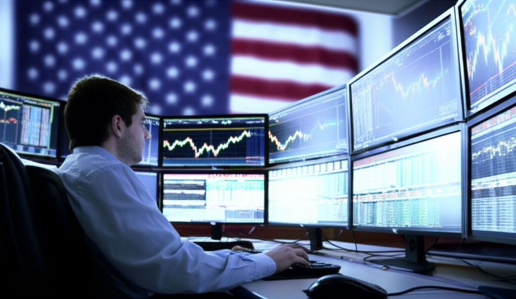 Illustration of a trader analyzing charts on multiple screens, US flag in background
