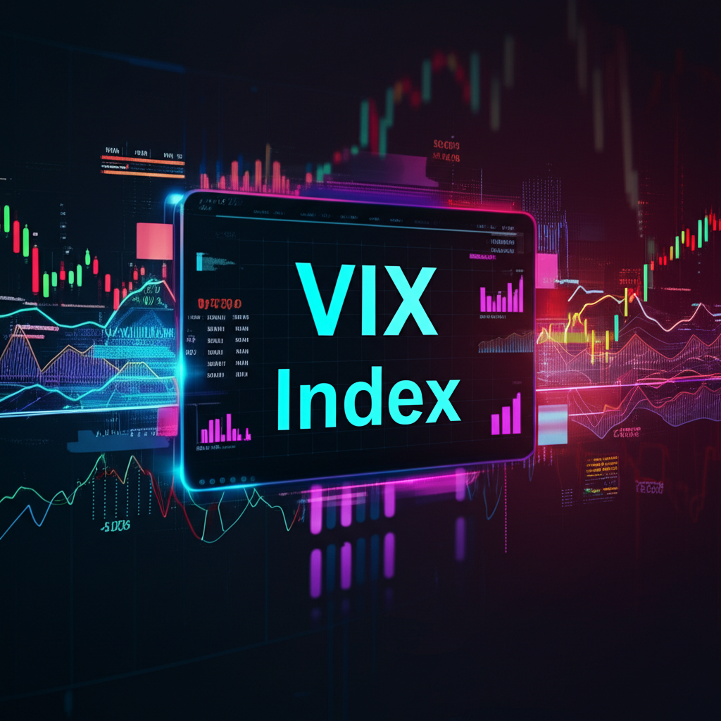 Digital display showing the VIX Index with abstract stock charts and data streams representing real-time market expectations