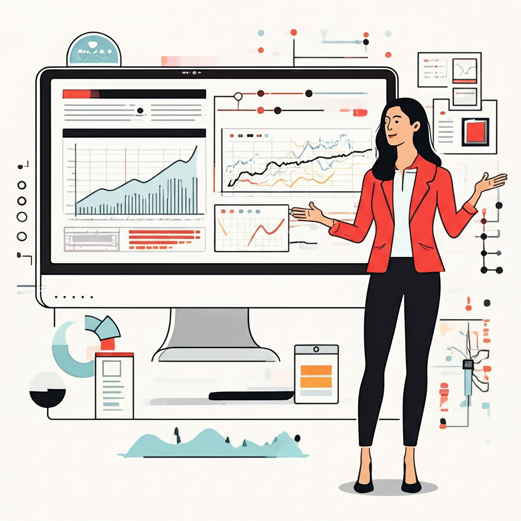 Beth Kindig, lead analyst at I/O Fund, standing in front of a screen showing data visualizations and tech trend forecasts