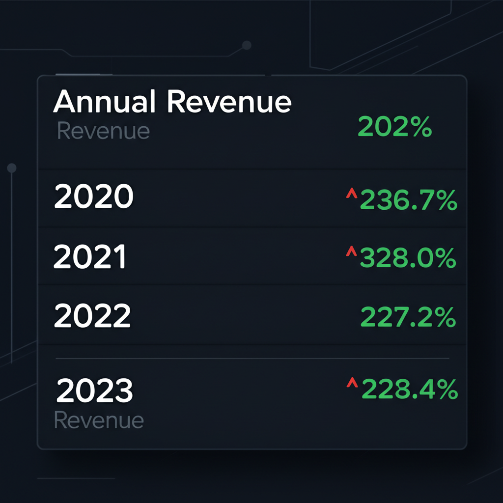 Illustration of a digital table or dashboard displaying financial data for Coinbase's annual revenue from 2020 to 2023, with numbers clearly visible, in a modern tech style.