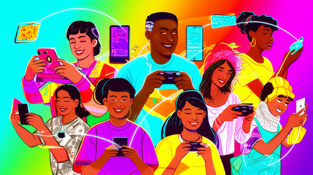 A vibrant, diverse group of people from around the world engaged in mobile gaming on their smartphones, with glowing digital connections forming a global network. Illustration style, bright colors, dynamic composition.