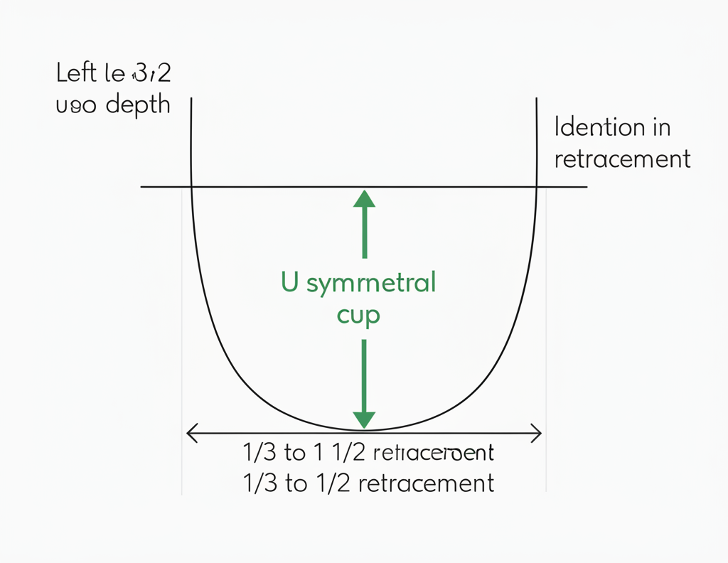 Educational graphic of a perfectly formed U-shaped cup with annotations on symmetry, ideal depth, and formation timeline