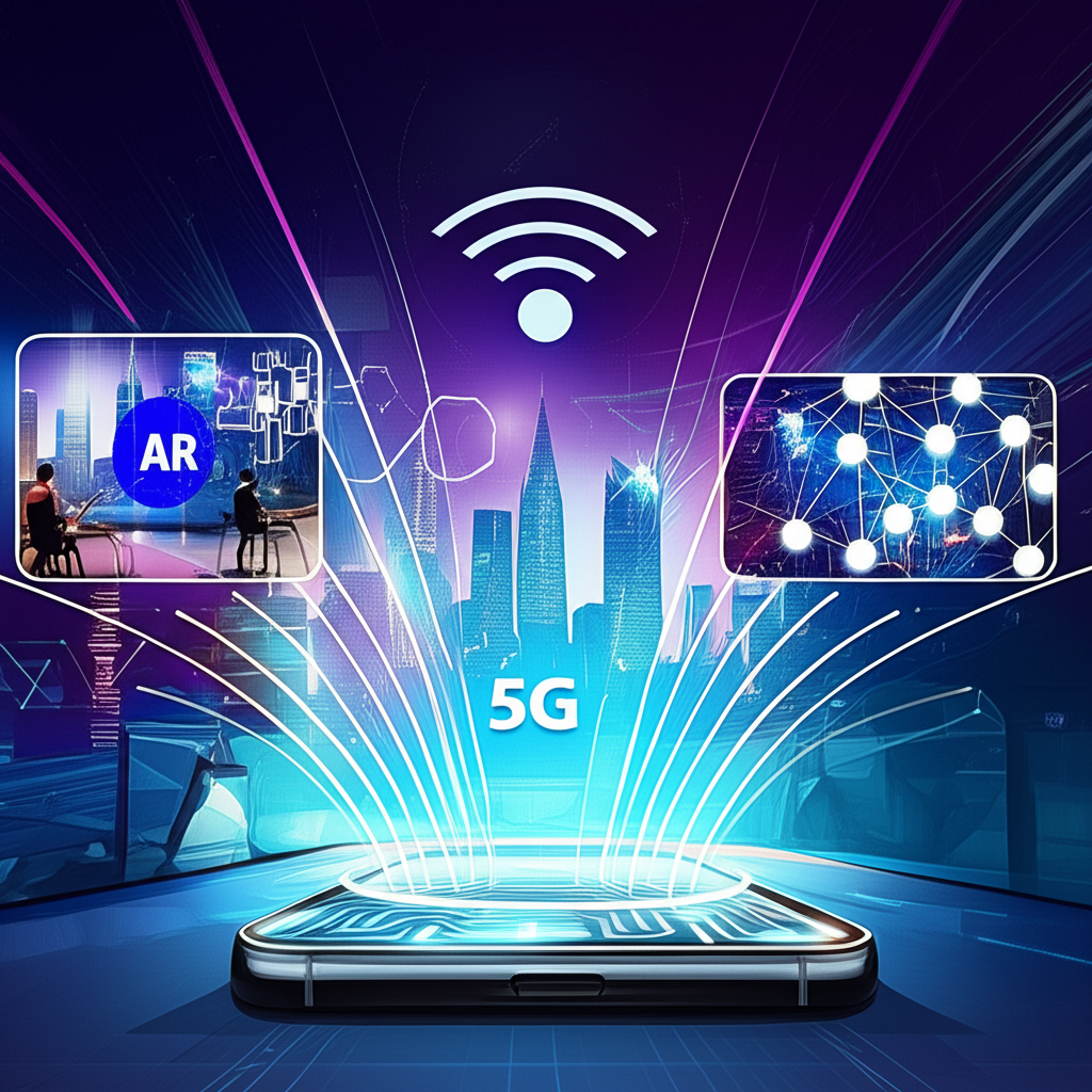 Abstract illustration showing 5G waves, AR overlays on a real-world scene, and AI neural networks converging on a smartphone, representing technological advancement. Illustration style, futuristic, dynamic.