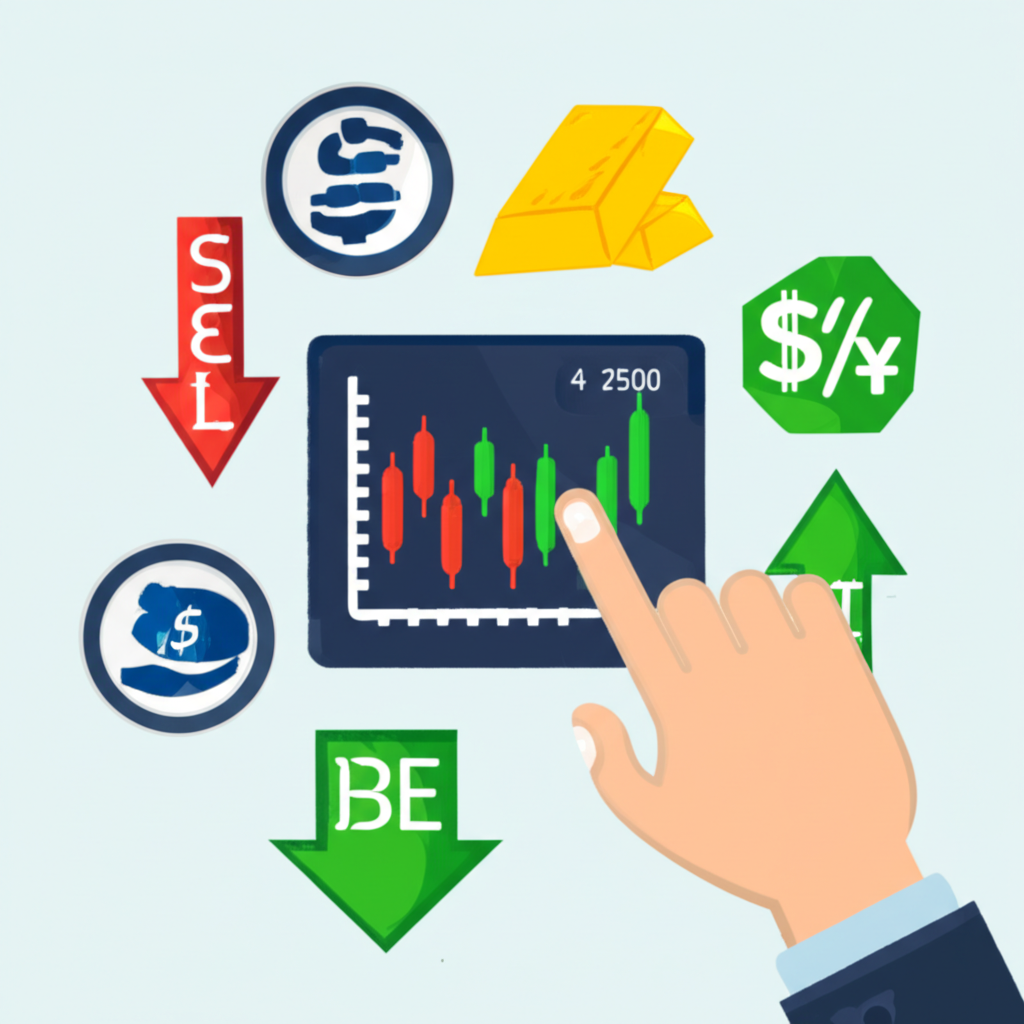 An illustration of a trader placing a 'bet' on an MT4 chart with up and down arrows, surrounded by icons of currencies, indices, and commodities, symbolizing speculation