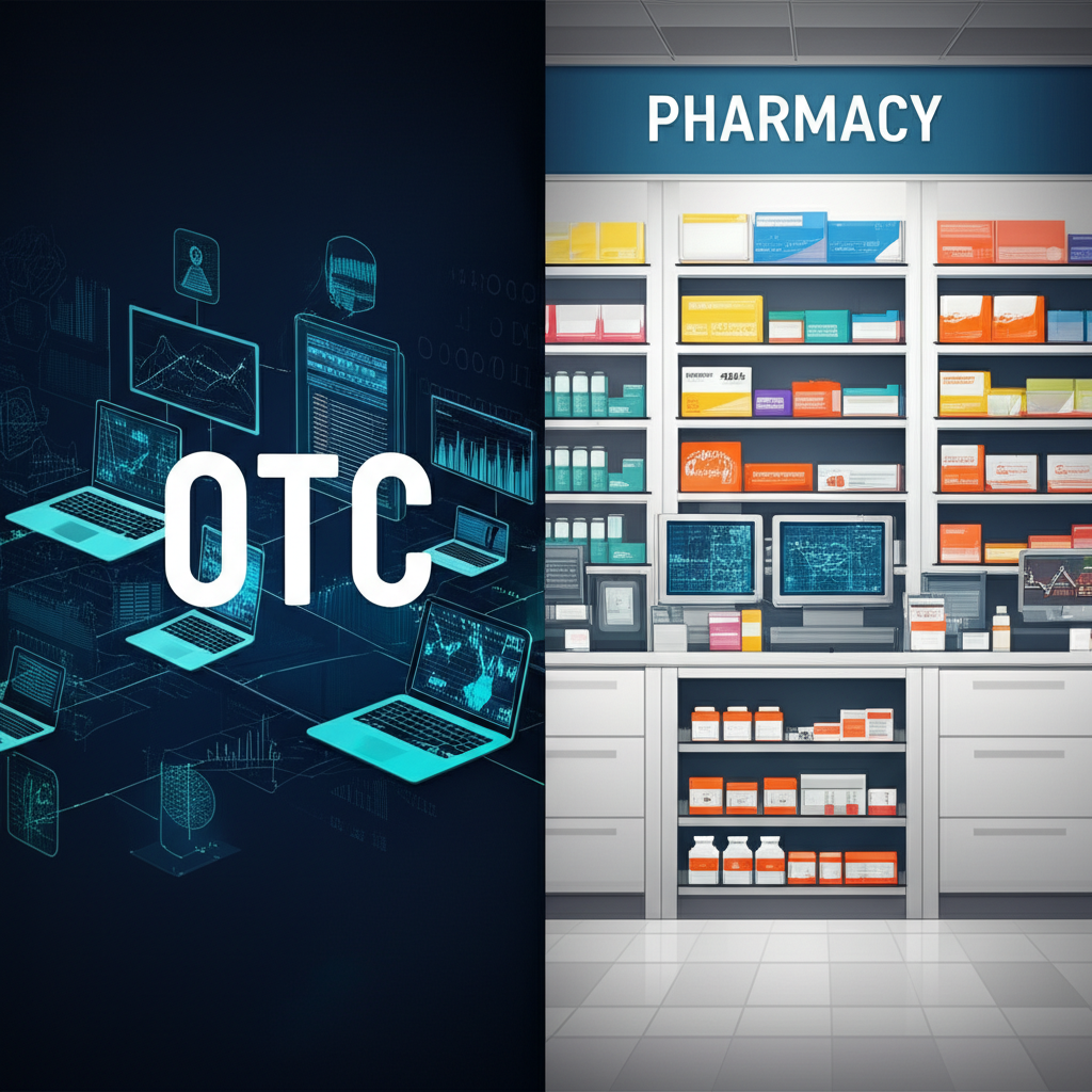 Illustration showing two distinct scenes: one side with digital financial graphs and connected computers for decentralized trading, the other with a pharmacy counter displaying various over-the-counter medicines, signifying the dual meaning of OTC