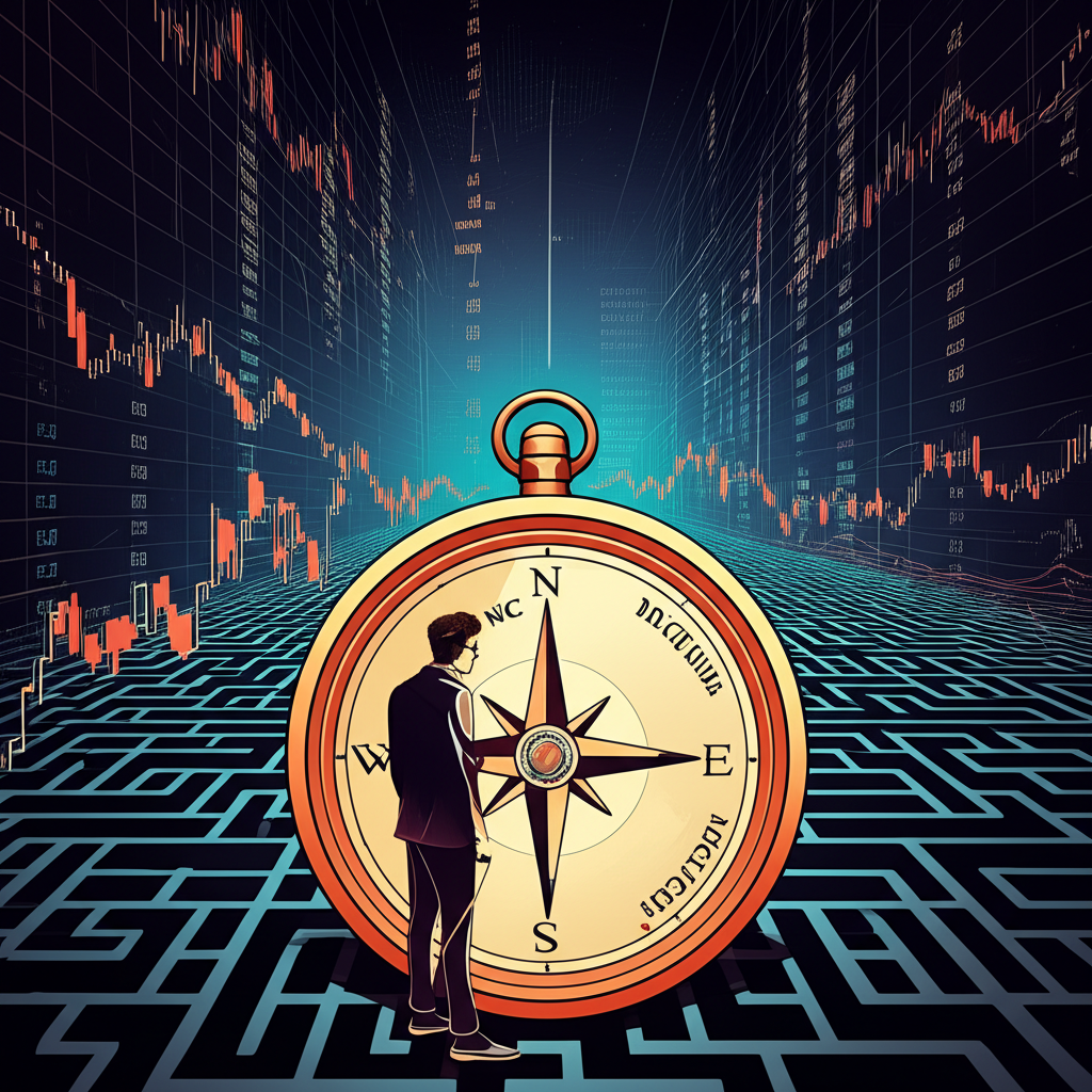 A trader confidently navigating a complex financial market with a compass labeled discipline and strategy, symbolizing strategic navigation in trading