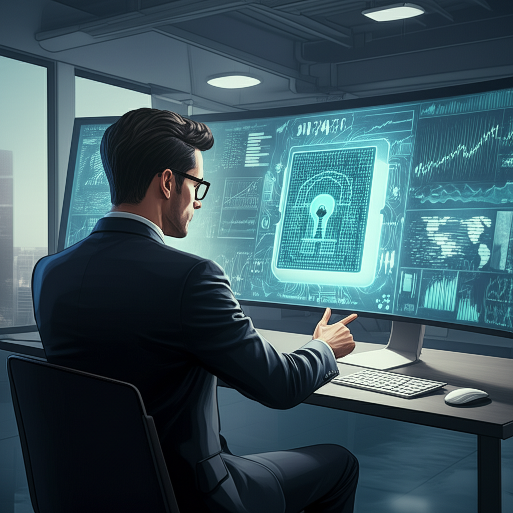 Illustration of a trader using a secure data lock for forex trading