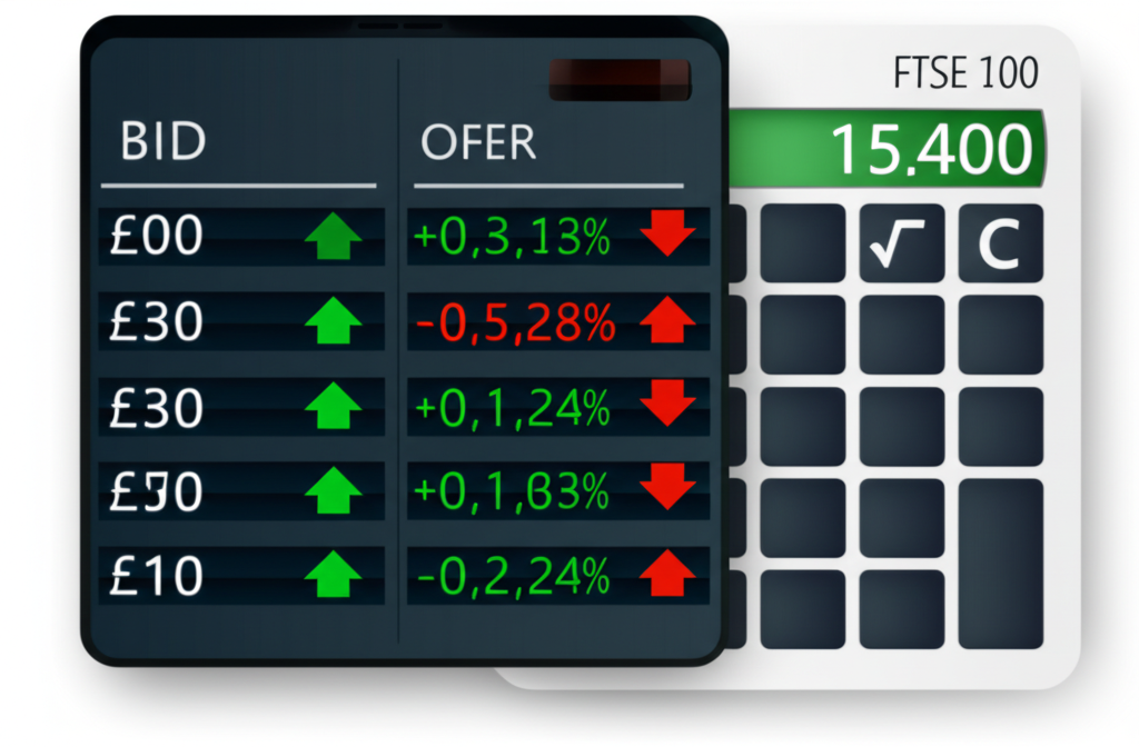 Trading screen showing bid and offer prices with profit calculation for FTSE 100