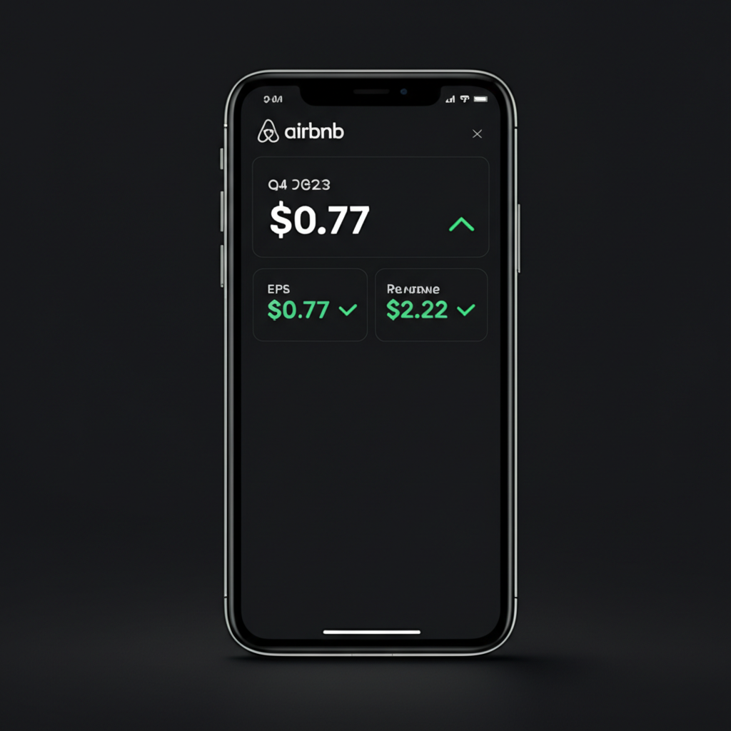 Illustration: A digital screen showing Airbnb Q42023 EPS $0.77 and Revenue $2.22 billion, both exceeding estimates, with positive green indicators. Vibrant, data-driven illustration.