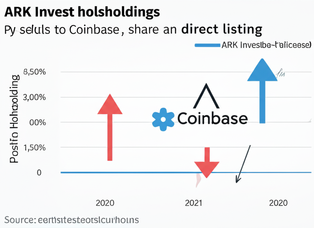 Illustration depicting a timeline showing ARK Invest's fluctuating position in Coinbase shares since its direct listing, with arrows indicating buying and selling, representing market volatility and strategic management, in a modern, clean style.