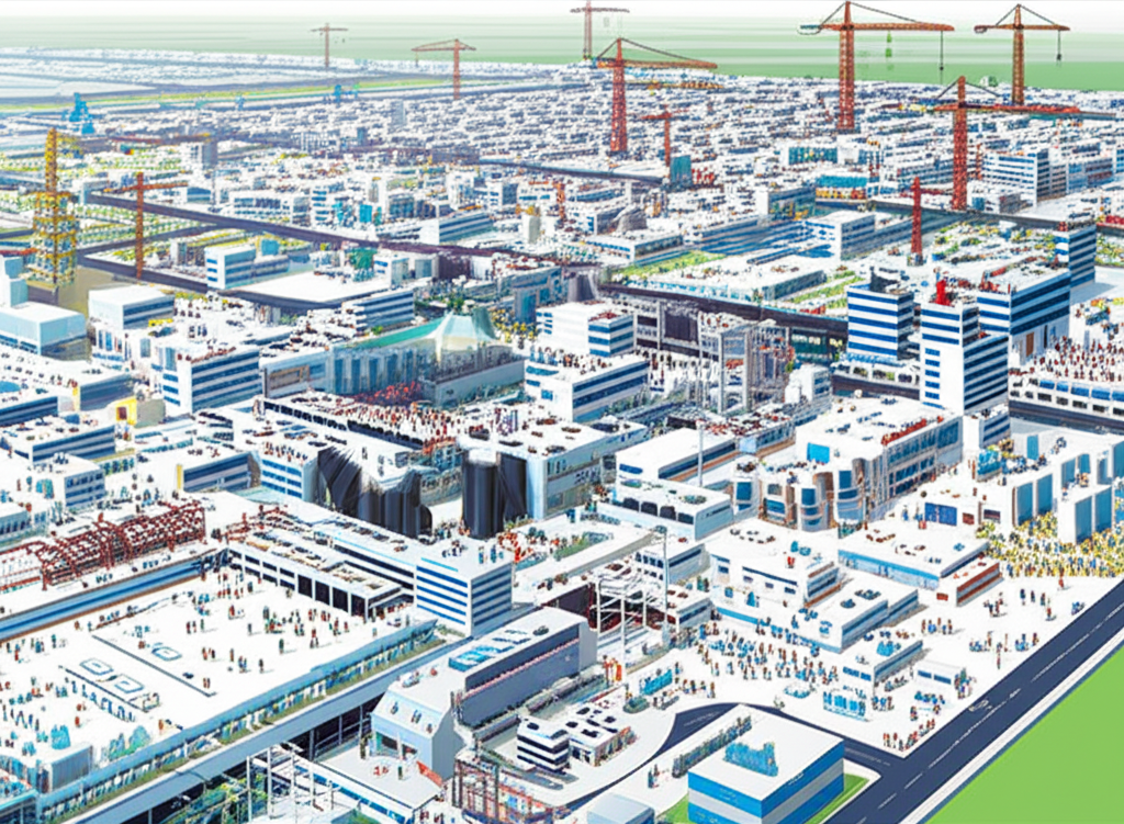 Illustr underscored by a massive factory complex in China, with tiny Apple products being assembled, workers, cranes, and infrastructure, symbolizing manufacturing scale and efficiency, industrial illustration.