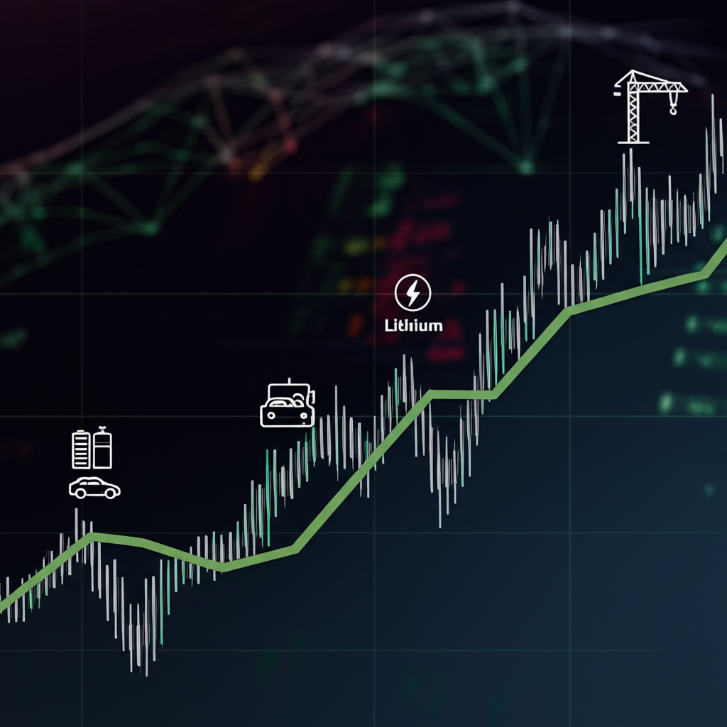 Stock performance chart for Piedmont Lithium with EV, battery, and construction icons