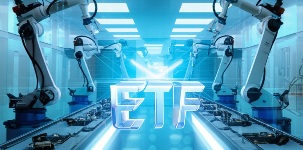 Robotic arms assembling components in a modern factory with ETF symbol