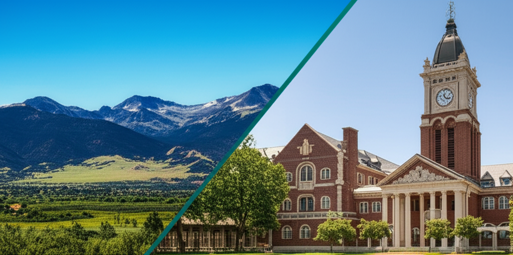 Artistic depiction of Steve Hanke's academic journey from Colorado's natural landscape to the halls of Johns Hopkins University, symbolizing his educational roots and intellectual development