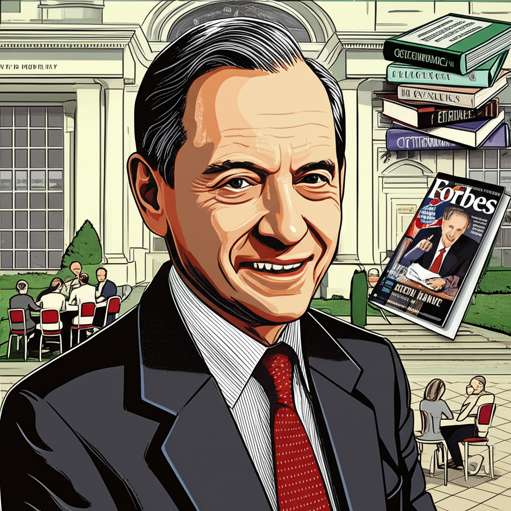 Illustration of Steve Hanke surrounded by symbols of his career: Johns Hopkins University, government meetings, Forbes magazine, and books, reflecting his estimated $15 million to $30 million net worth