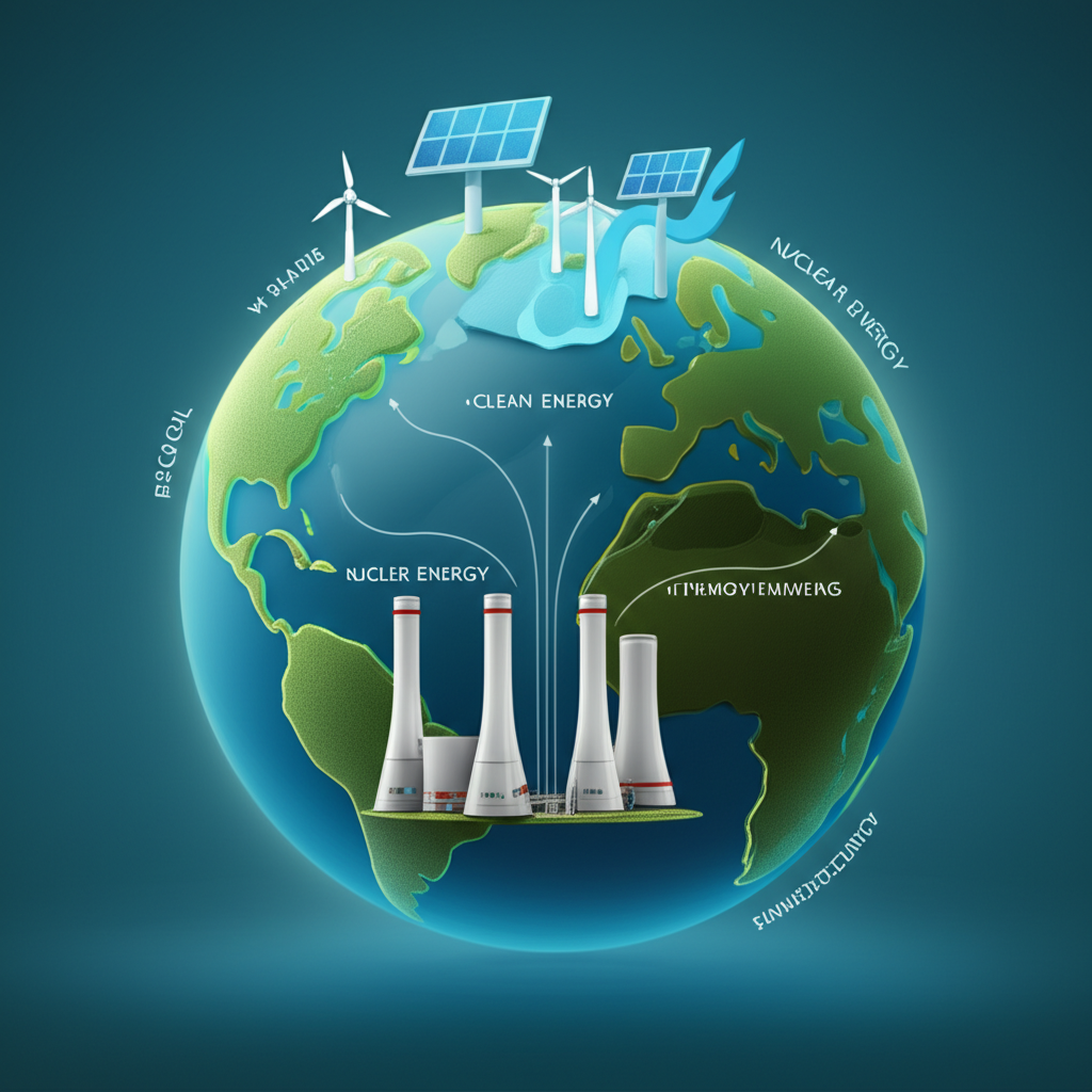 Illustration depicting a nuclear energy renaissance with clean energy symbols, SMRs, and a globe, highlighting climate goals and energy security. Style: clean illustration.